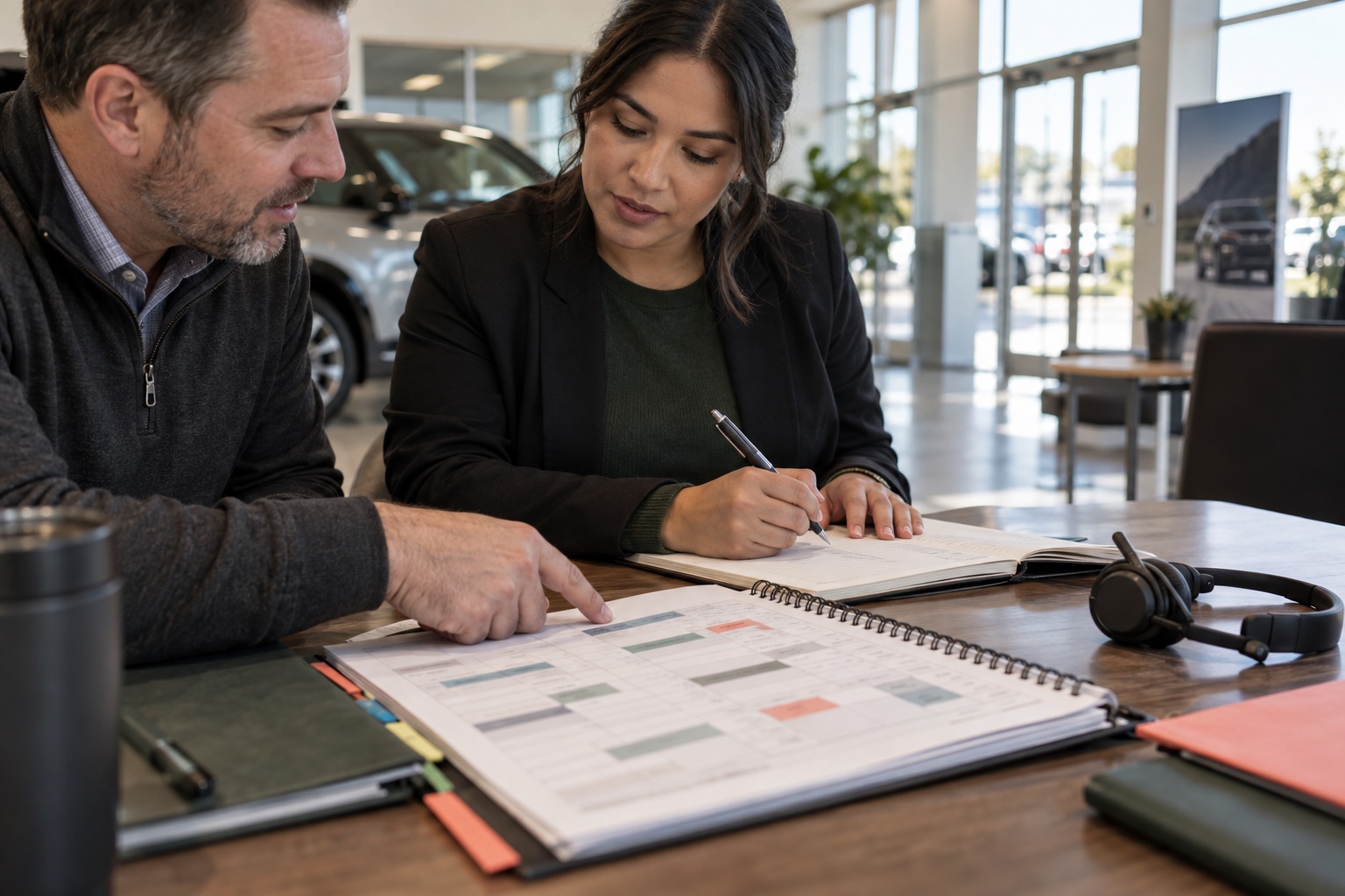 A dealership manager and BDC lead preparing a store-specific launch plan